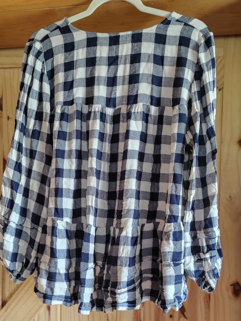 Women's Navy and White Check Peasant Top - Picture 3 of 4